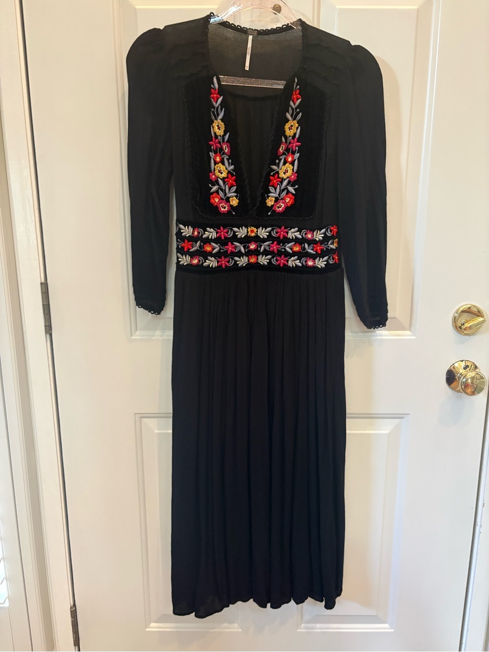Free People Black Maxi Dress with Multicolor Floral Embroidery